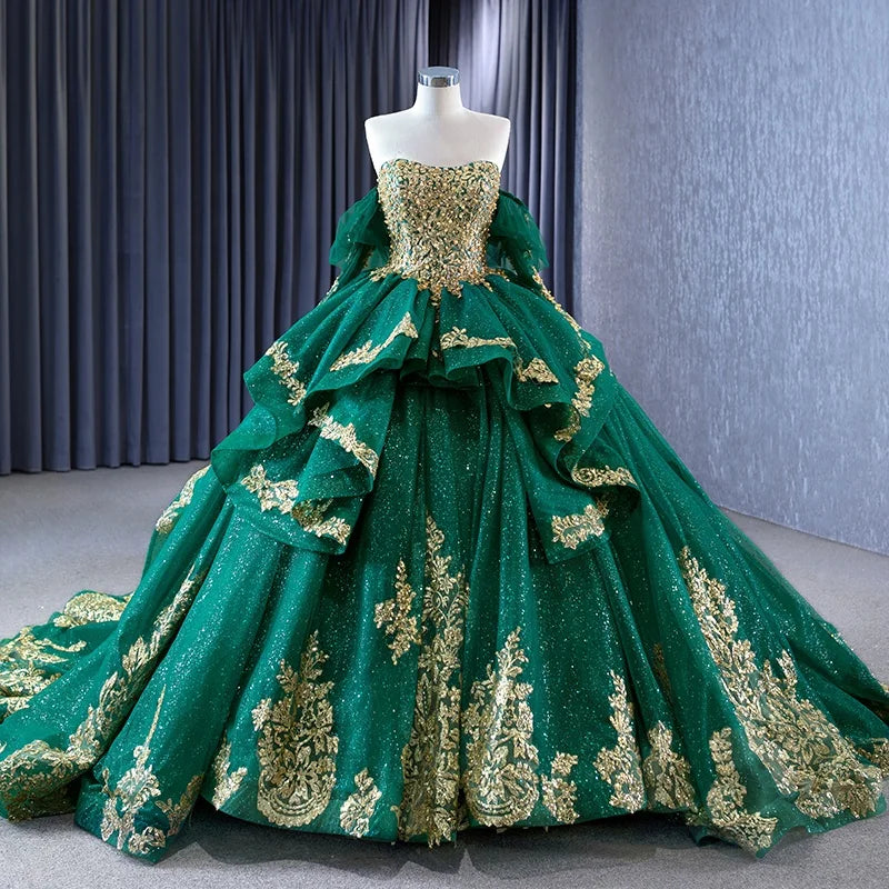 Btydress Green Off Shoulder Sequin Pearls Luxury Ball Gown Evening Dress 231041