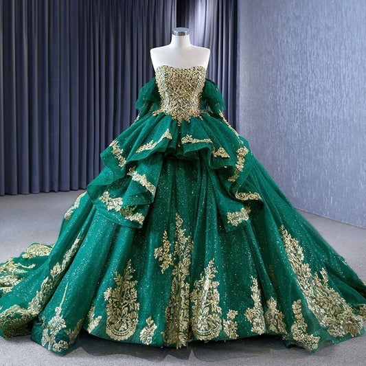 Btydress Green Off Shoulder Sequin Pearls Luxury Ball Gown Evening Dress 231041