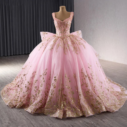 Light Pink Sleeveless Sparkle Quinceañera Dress with Gold Lace 241090