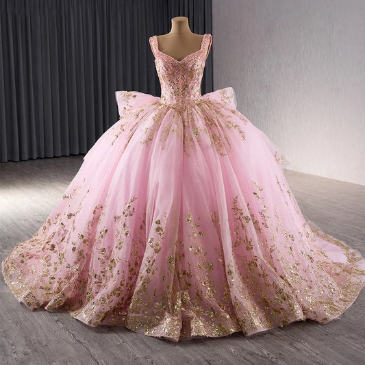 Light Pink Sleeveless Sparkle Quinceañera Dress with Gold Lace 241090