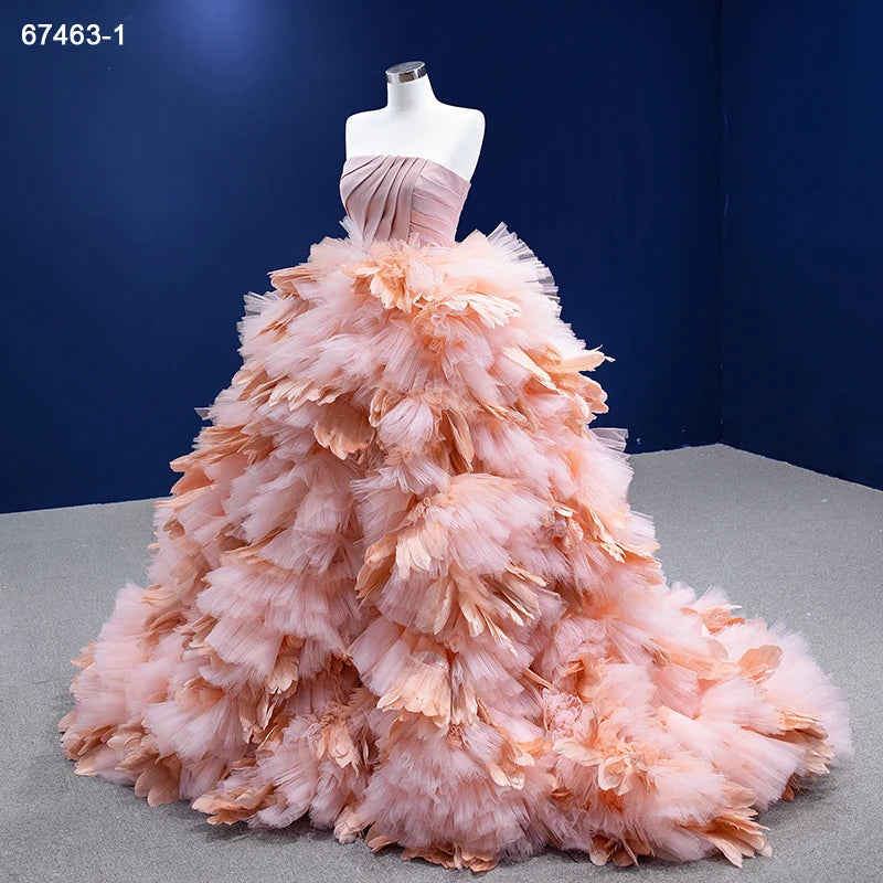 Blush Pink Ruffled Wedding Dress Vintage Strapless Ball Gown 67463
