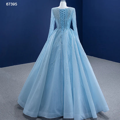 Btydress Beaded Baby Blue A-line Prom Dresses with Sleeves 67395