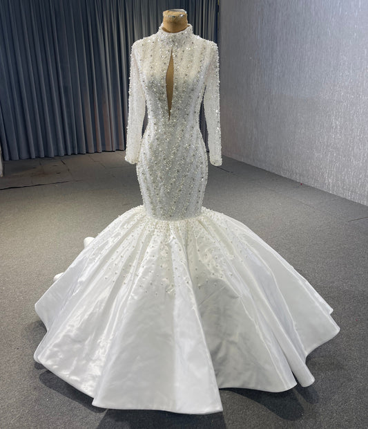 High Neckline Long Sleeves Beaded Mermaid Dress 67545