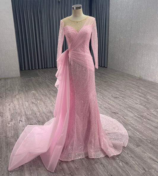 Pink Beads Sequince Ruffles Evening Dress 222213