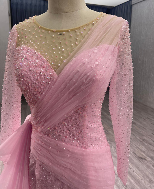 Pink Beads Sequince Ruffles Evening Dress 222213