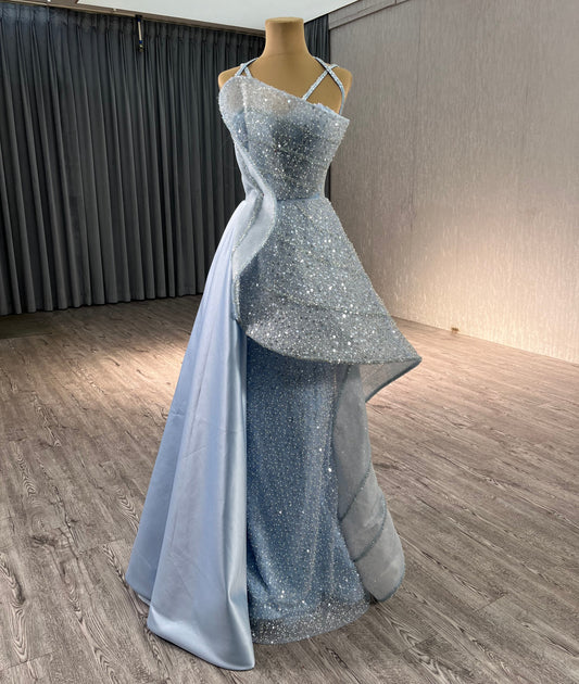 Blue Asymmetrical Beads Sequince Unique Evening Prom Dress 222216