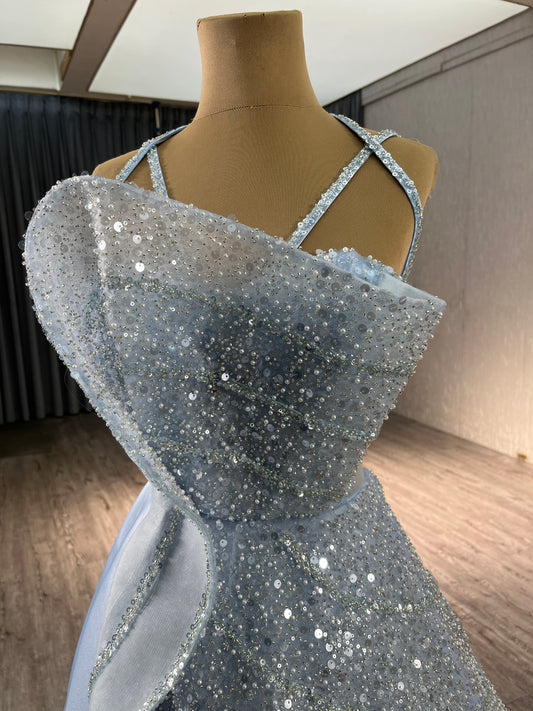 Blue Asymmetrical Beads Sequince Unique Evening Prom Dress 222216