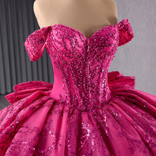 Fuchsia Pearls Puffy Quinceanera Dresses for Birthday Party