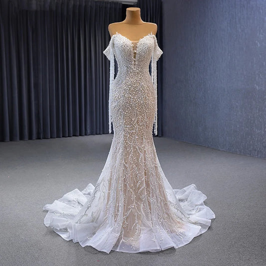Luxury Pearls Sweetheart Tassel Slim Bridal Mermaid Wedding Dresses 222173