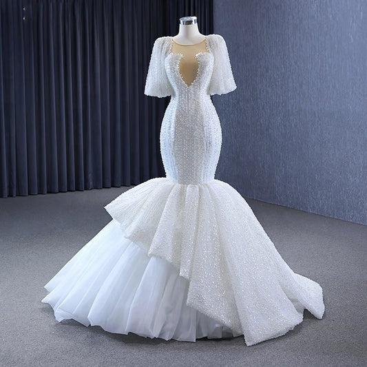 Short Sleeve Beading Mermaid Tight Wedding Dresses for Girls 222238