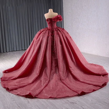 Glitter Burgandy Royalty Appliqued Flower Quinceanera 15 girl Dresses