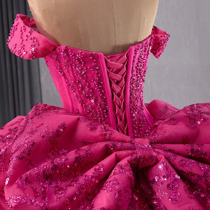 Fuchsia Pearls Puffy Quinceanera Dresses for Birthday Party