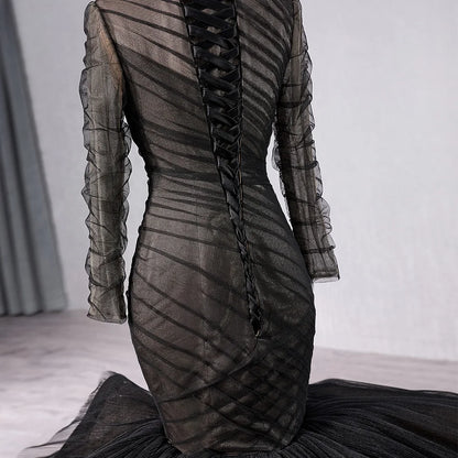 Muslim Black Long Sleeve Evening Party Gowns Dresses Mermaids 241054