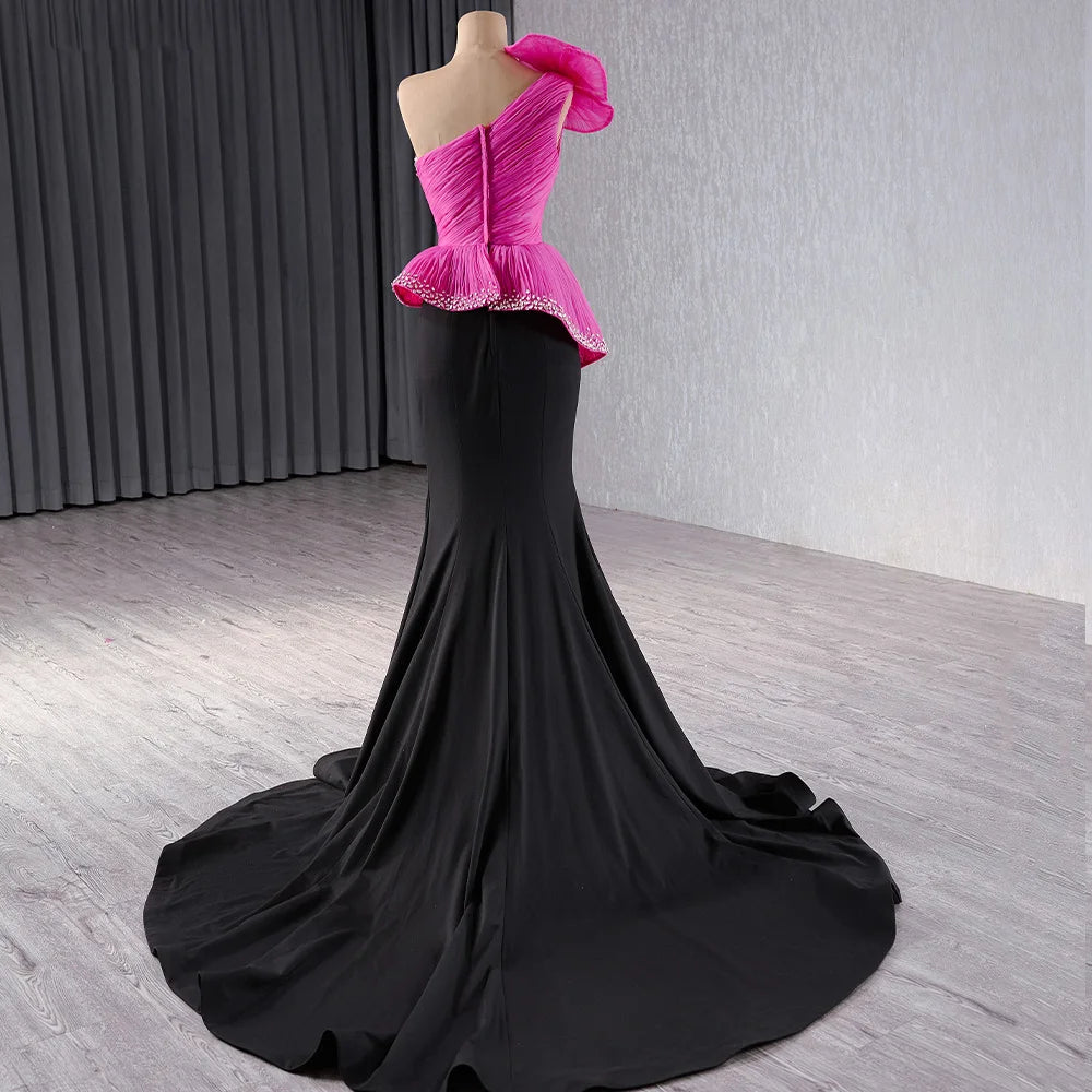 Unique magenta black detachable bow pleats Mermaid Evening Dress