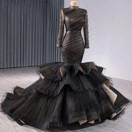 Muslim Black Long Sleeve Evening Party Gowns Dresses Mermaids 241054