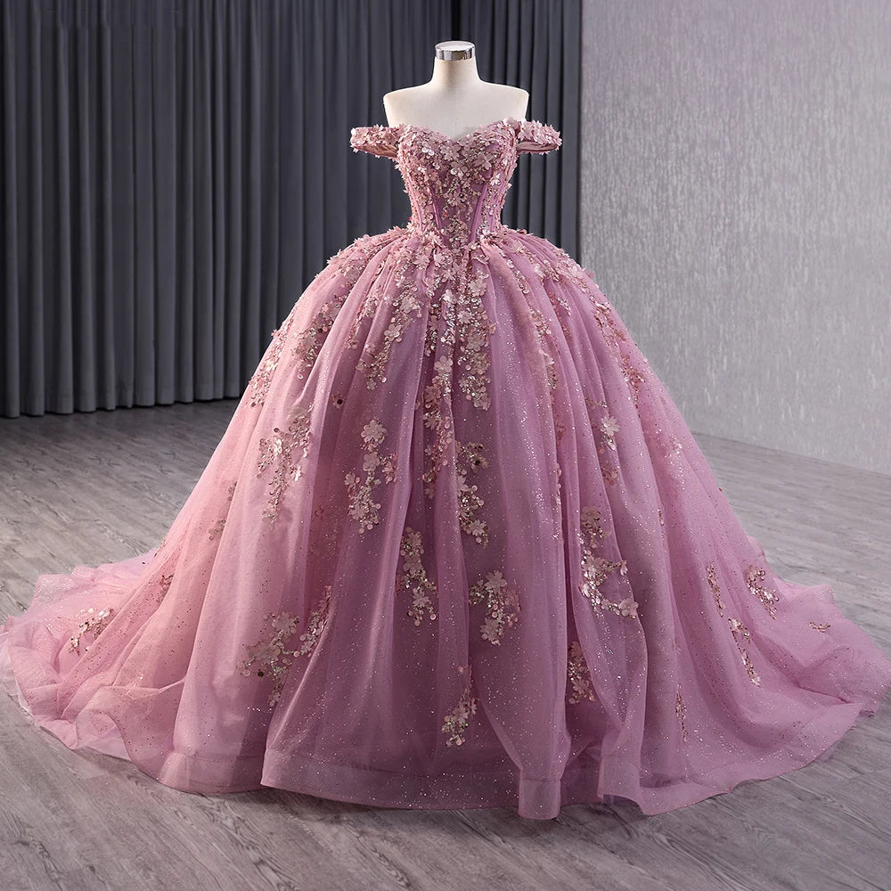 Princess Pink Appliqued Flower Quinceanera Sweet Girl Dresses