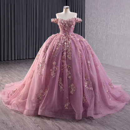 Princess Pink Appliqued Flower Quinceanera Sweet Girl Dresses