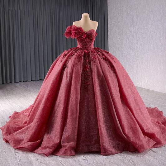 Glitter Burgandy Royalty Appliqued Flower Quinceanera 15 girl Dresses