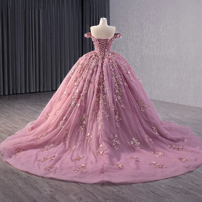 Princess Pink Appliqued Flower Quinceanera Sweet Girl Dresses