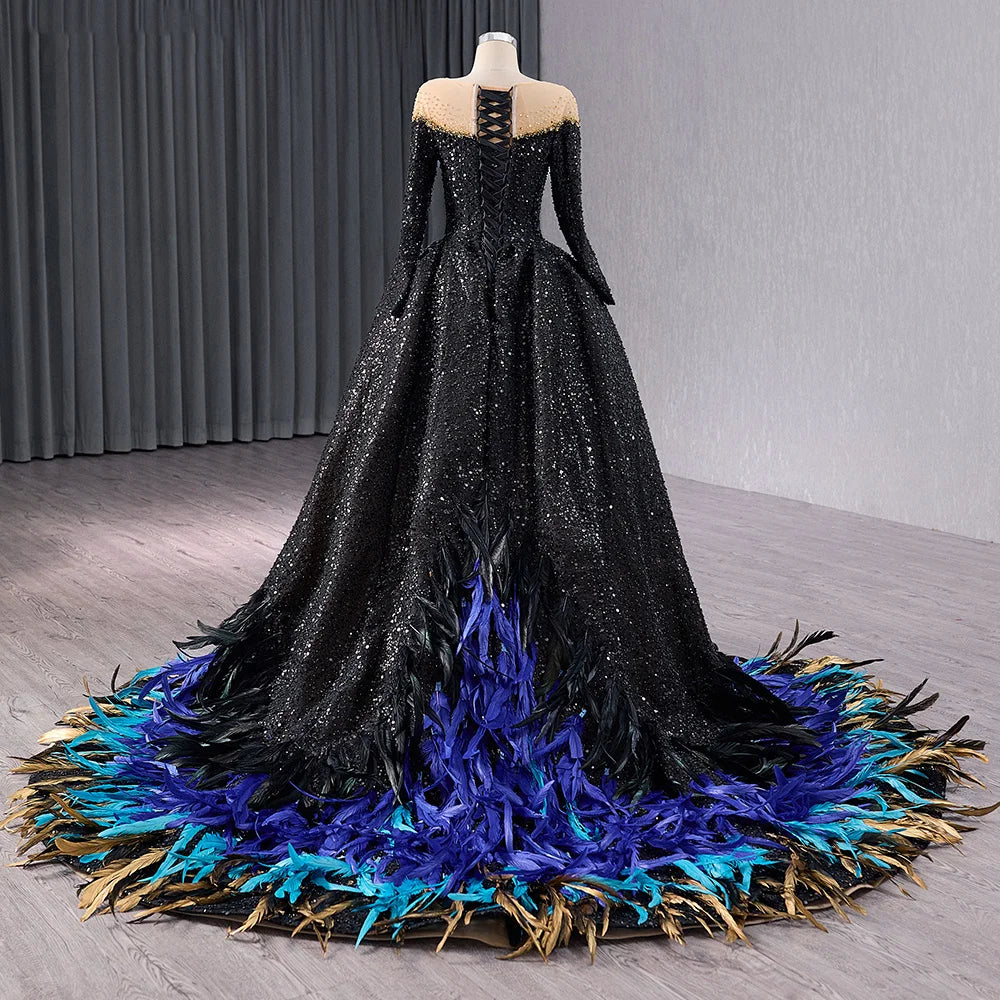 Black Party Long Sleeve Feather Evening Dresses for Girls 241060