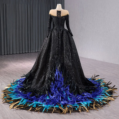Black Party Long Sleeve Feather Evening Dresses for Girls 241060