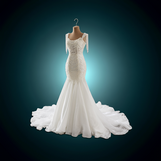 2025 Hand Beading Pearls White Mermaid Dress 241138