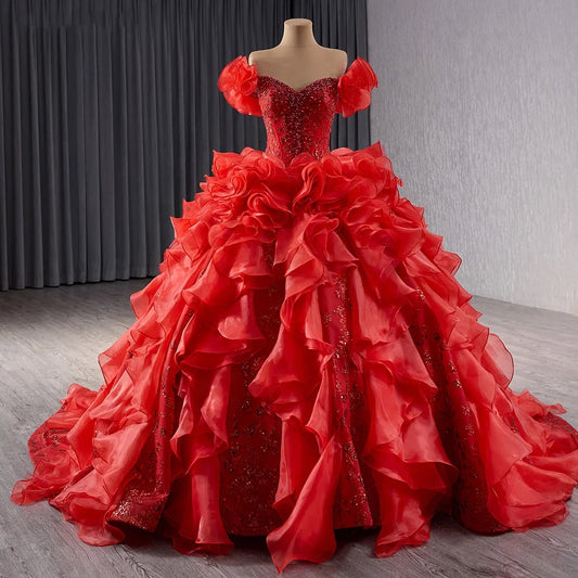 Traditional Red Sequins Puffy Plus Size Women's Evening Dresses241070