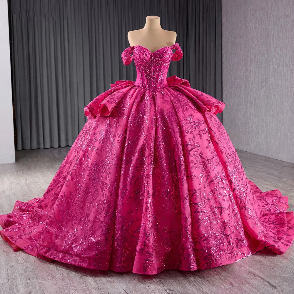 Fuchsia Pearls Puffy Quinceanera Dresses for Birthday Party