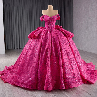 Fuchsia Pearls Puffy Quinceanera Dresses for Birthday Party