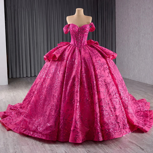 Fuchsia Pearls Puffy Quinceanera Dresses for Birthday Party