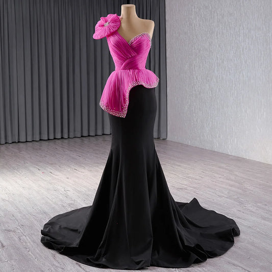 Unique magenta black detachable bow pleats Mermaid Evening Dress