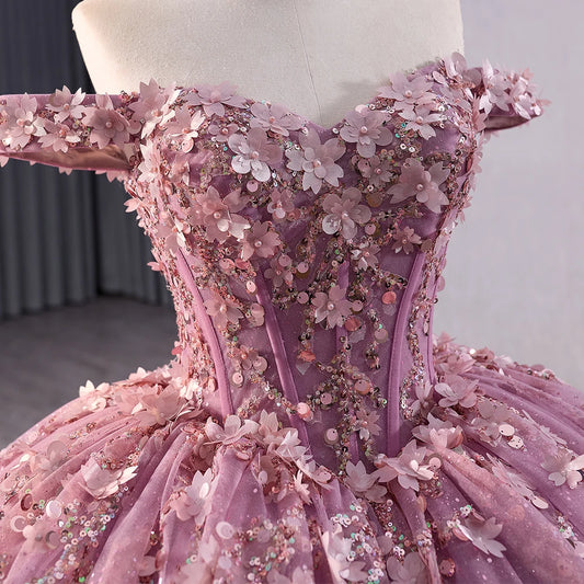 Princess Pink Appliqued Flower Quinceanera Sweet Girl Dresses