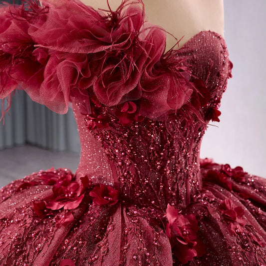 Glitter Burgandy Royalty Appliqued Flower Quinceanera 15 girl Dresses