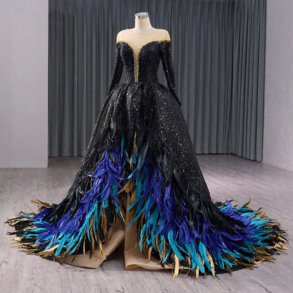 Black Party Long Sleeve Feather Evening Dresses for Girls 241060