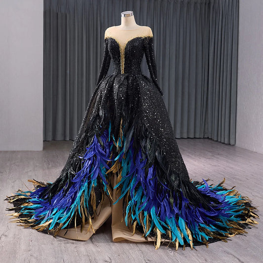 Black Party Long Sleeve Feather Evening Dresses for Girls 241060