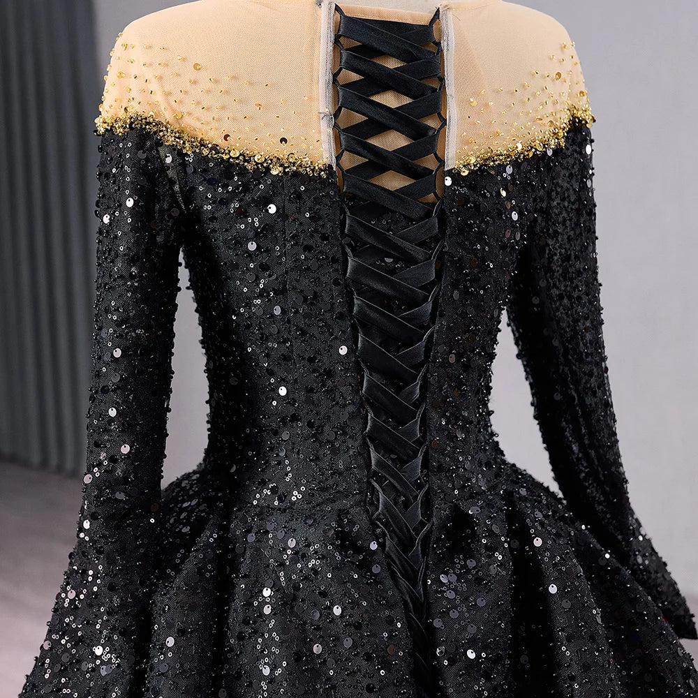 Black Party Long Sleeve Feather Evening Dresses for Girls 241060
