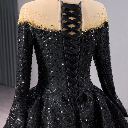 Black Party Long Sleeve Feather Evening Dresses for Girls 241060