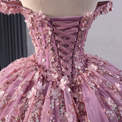 Princess Pink Appliqued Flower Quinceanera Sweet Girl Dresses