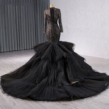 Muslim Black Long Sleeve Evening Party Gowns Dresses Mermaids 241054