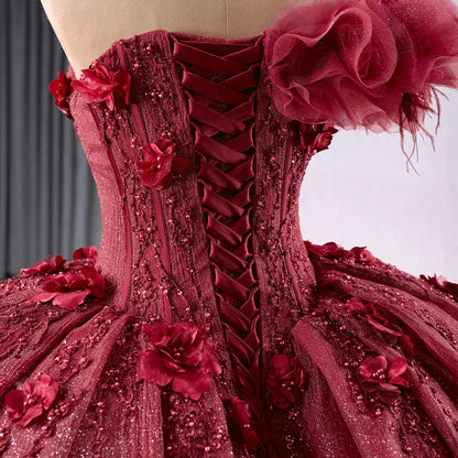 Glitter Burgandy Royalty Appliqued Flower Quinceanera 15 girl Dresses