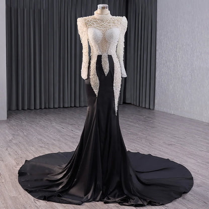 Long Sleeve Contrast Color Pearls Mermaid Evening Party Dresses 241007