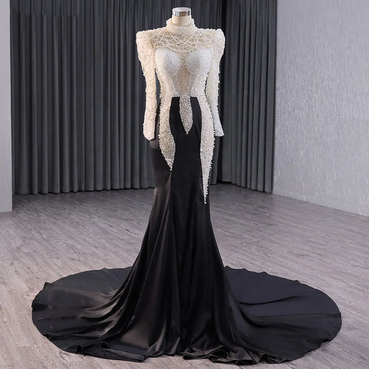 Long Sleeve Contrast Color Pearls Mermaid Evening Party Dresses 241007