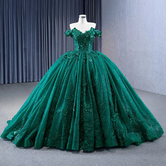 Emerald Green Pearls 3D floral appliqués Party Gown Sweet 15 Quinceañera 231051