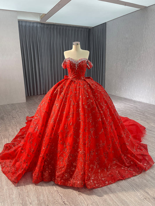 Off Shoulder Golden Bow Puffy Ball Gown Evening Dresses 241043