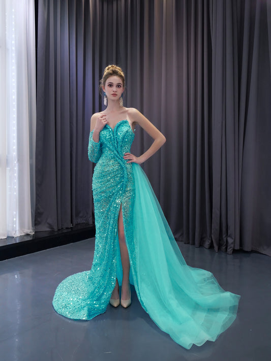 Off the Shoulder One Sleeve Beaded Sequince Mermaid Dress 241073