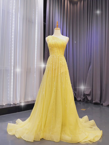One Shoulder Yellow Prom Beaded Pageant Gown Formal Dresses 67535